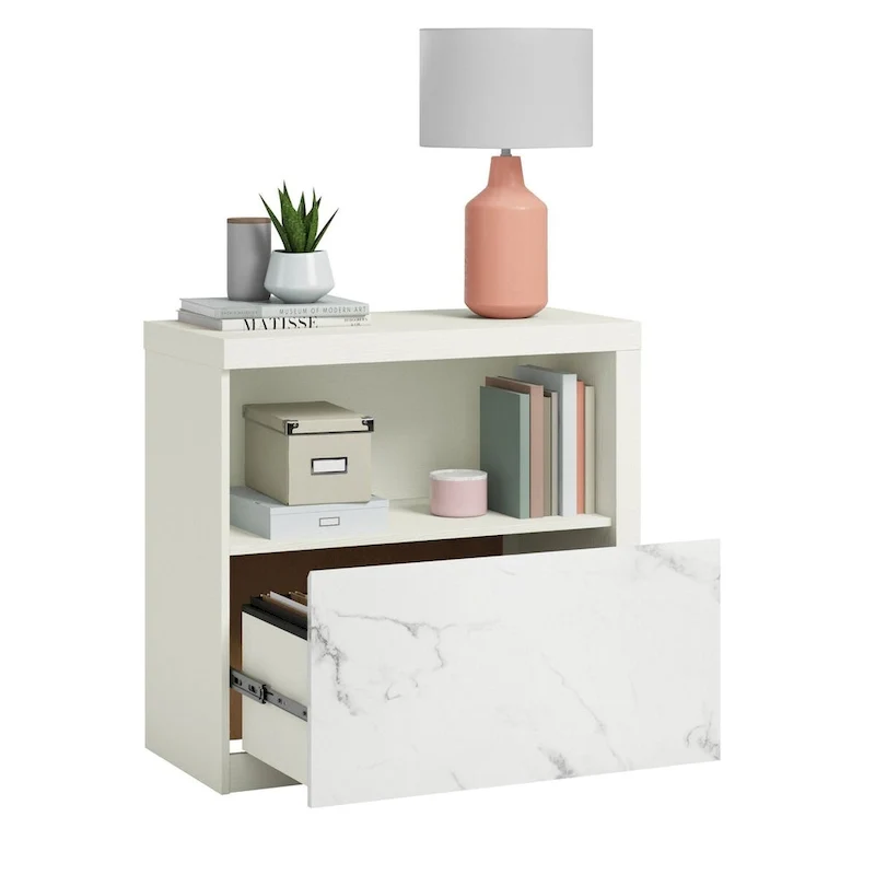 Pearl Oak Lateral File Cabinet with Open Shelf White Marble Drawer