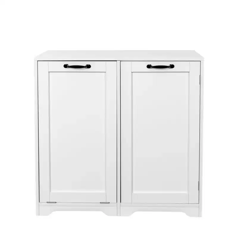 VIYET 30.3 White Freestanding Laundry Cabinet - Particle Board+MDF, Tilt-Out Hamper & Adjustable Shelf