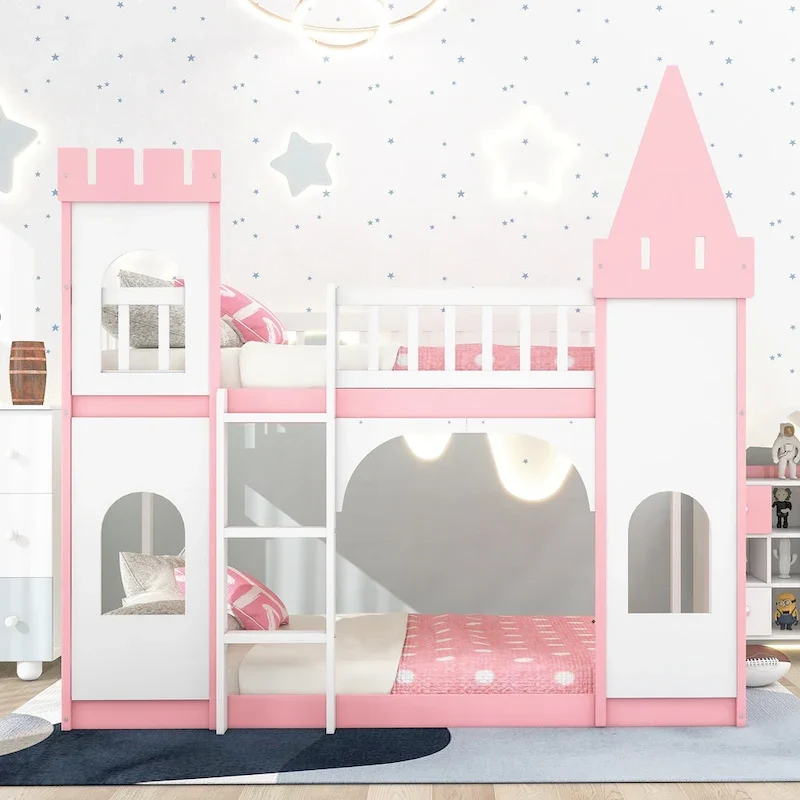 Twin over Twin Solid Pine Castle Bunk Bed with Door, Windows and Guardrails