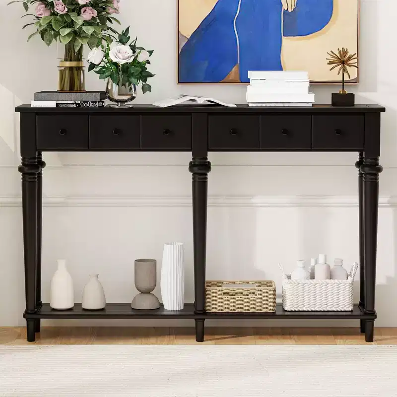 Retro Narrow Console Table with 4 Drawers & Open Shelves 鈥?59.8D x 11W x 34H, Black MDF
