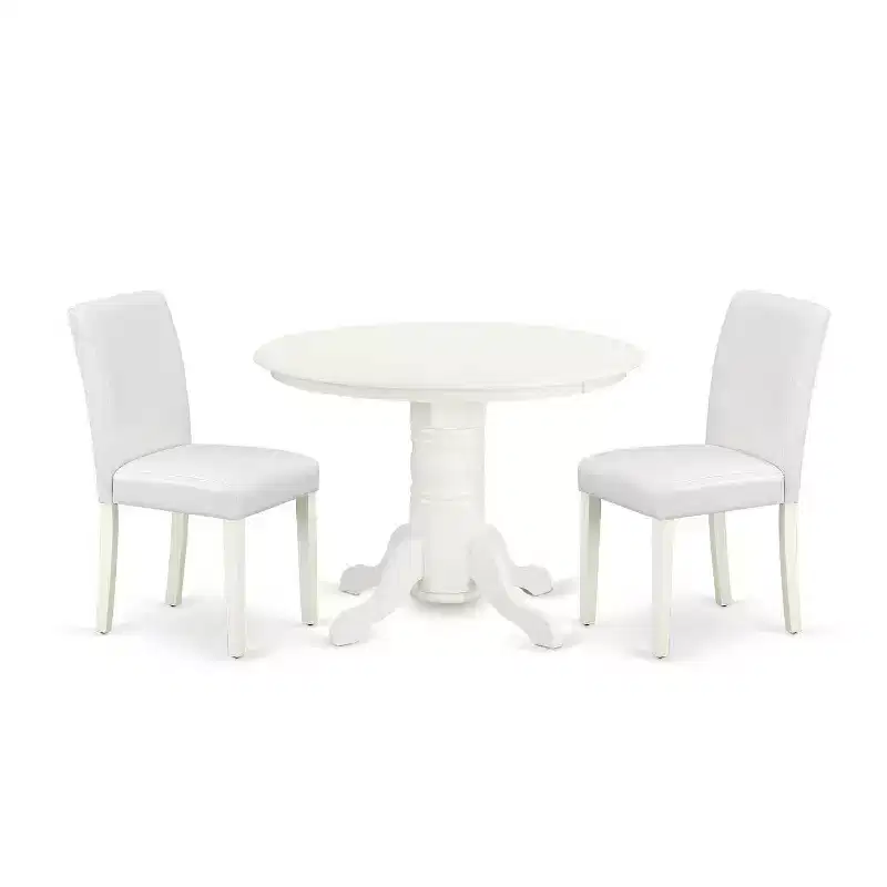 Round Dining Table Set 3pc - 42 Inch Table & 2 Parsons Chairs - White PU Leather & Linen Legs