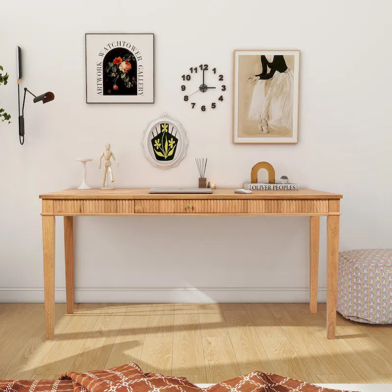 Natural Blonde Fluted Rubberwood Writing Desk with 1 Drawer and Gold Pulls for 1 Person