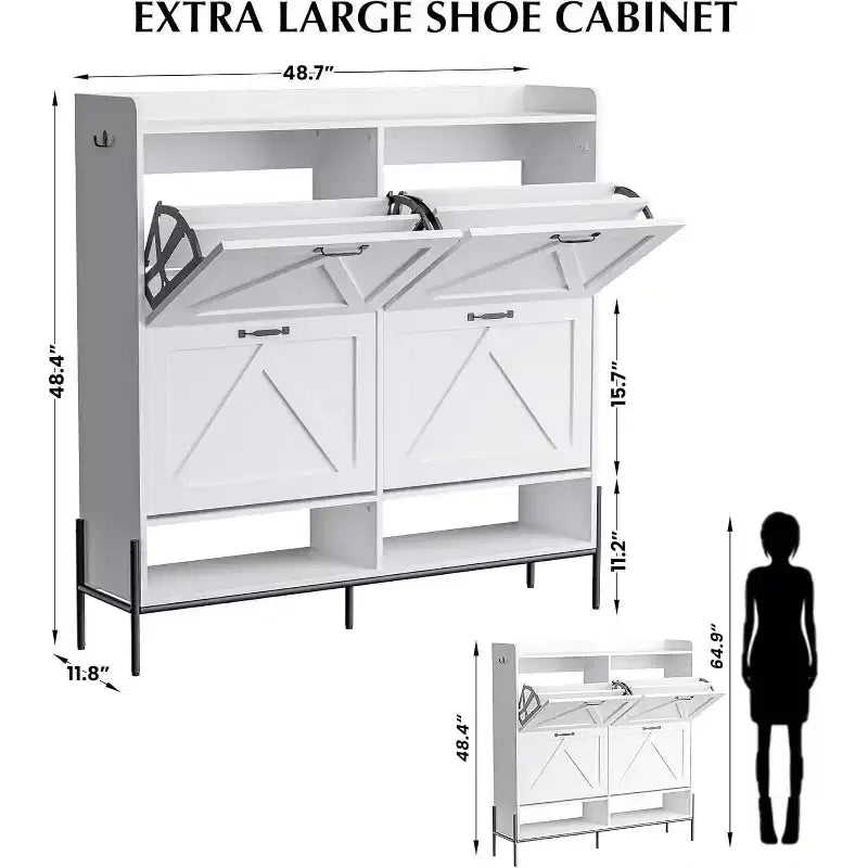 48.4 White Shoe Cabinet with 4 Flip Drawers and Metal Legs