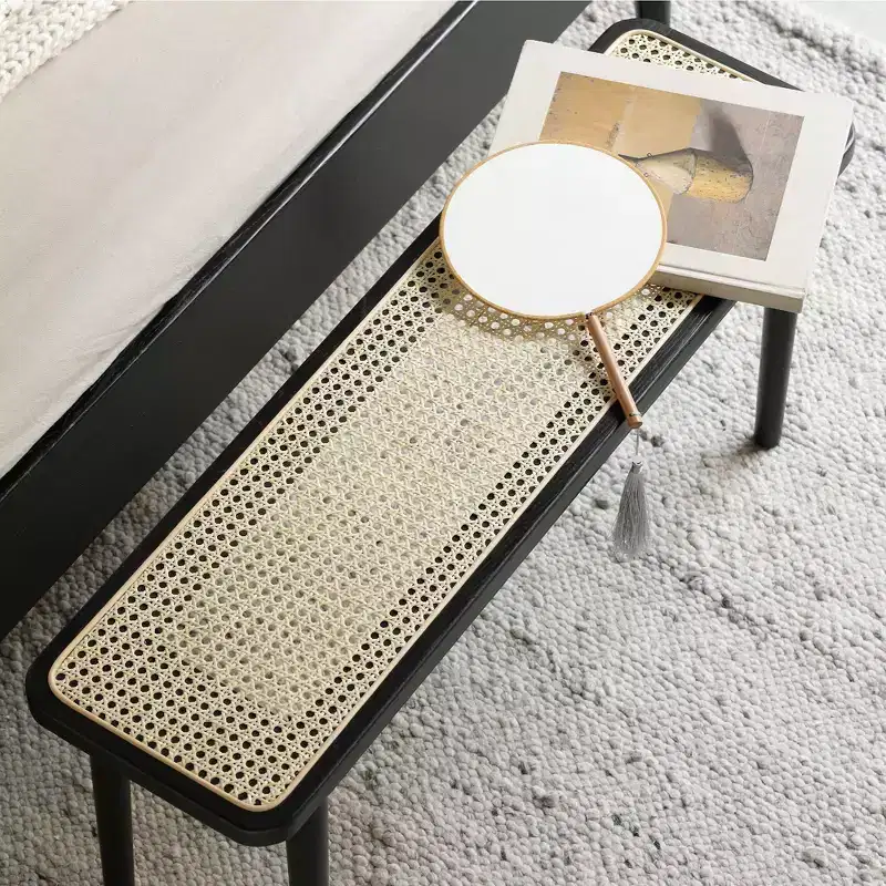 MAYEERTY Modern Solid Oak Wood Bench with Rattan for Bedroom, Entryway & Living Room, Black