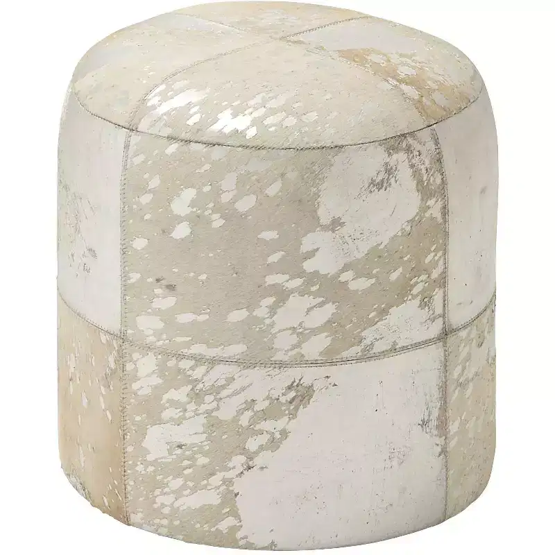 17" Round Leather Hide Pouf Ottoman, Silver and White