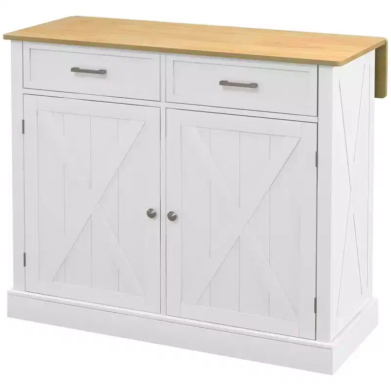 FAMYYT White Smooth Rubber Wood Top 23.5 in. Kitchen Island with 2 Door Cabinet and 2 Drawers