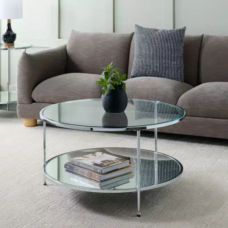 Round Two-Tier Coffee Table with Glass Top & Mirrored Shelf �C Charcoal