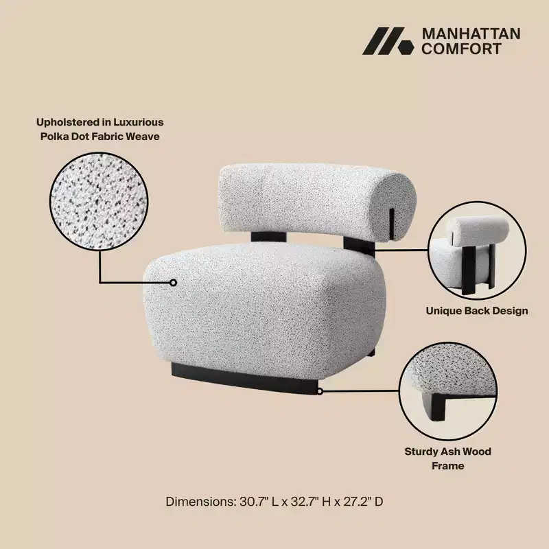 Bartow Modern Woven Fabric Upholstered Accent Chair | Ivory & Black Polka Dot | Ash Wood Frame