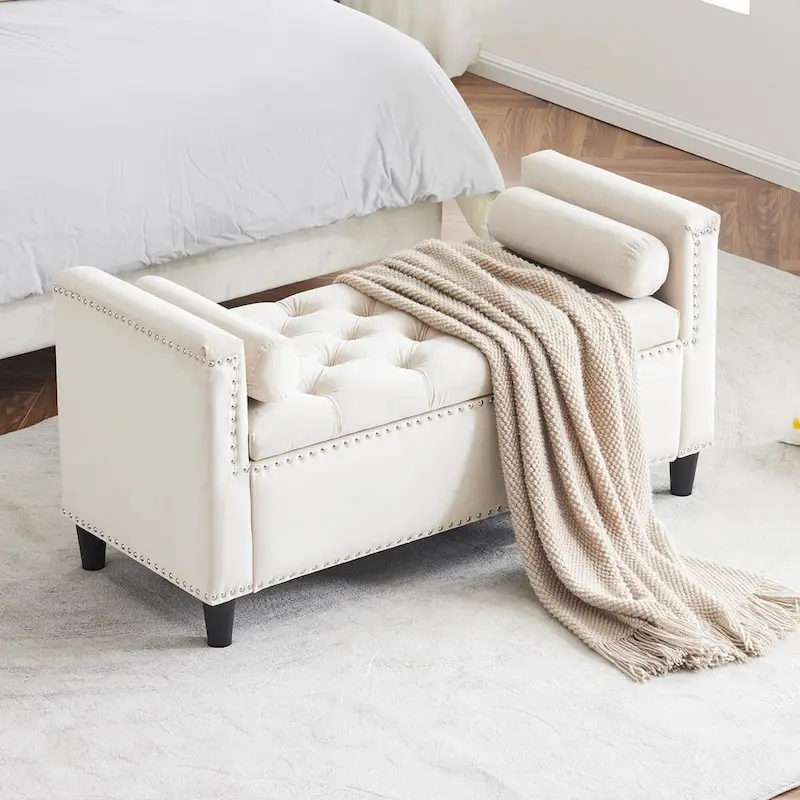 Storage Bench, 44.5-Inch Queen Velvet Button Bedside Bench, Entryway Living Room with Armrests, Nailhead Trim