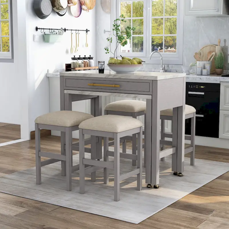 Delware Glam Grey Wood 5-Piece Barstool and Extendable Table Set for Small Space by Furniture of America