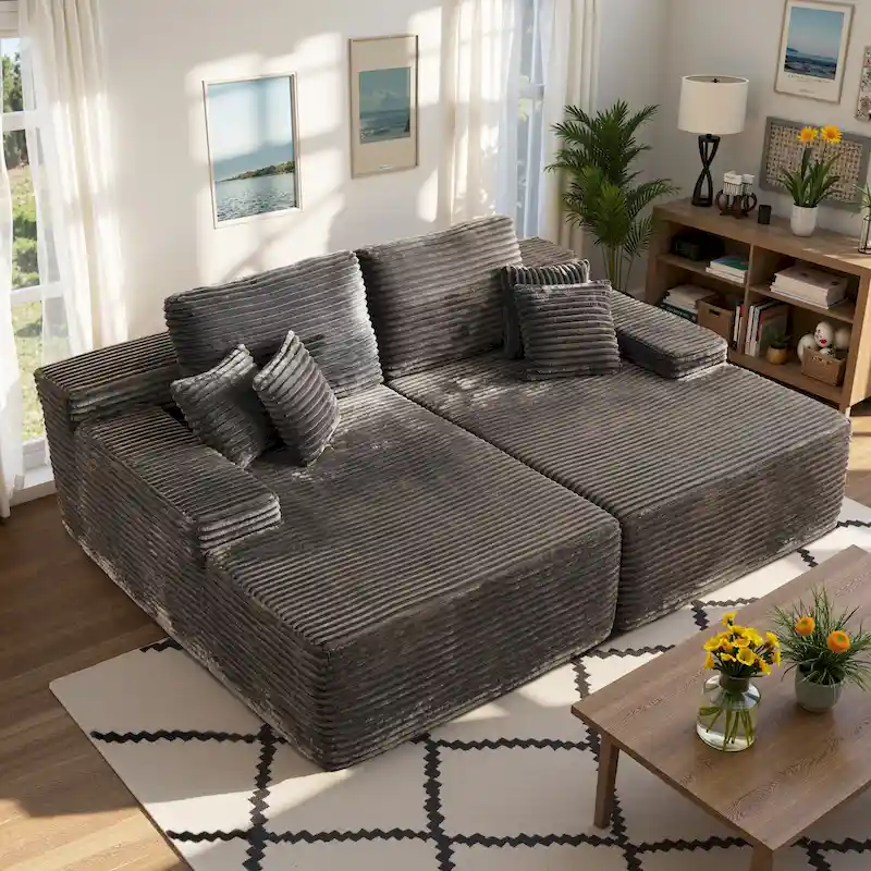 HOOOWOOO Modular Couch Plush Corduroy Sectional Sofa with Pillows