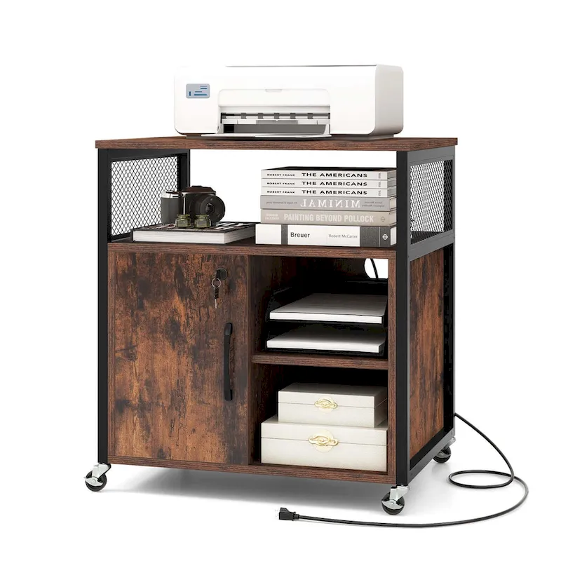 Mobile File Cabinet with Charging Station Locking Door Grey Brown