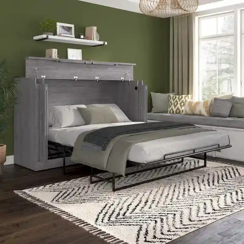 Queen Fold-Out Cabinet Bed with Mattress – White / Bark Grey – Sleeps 2