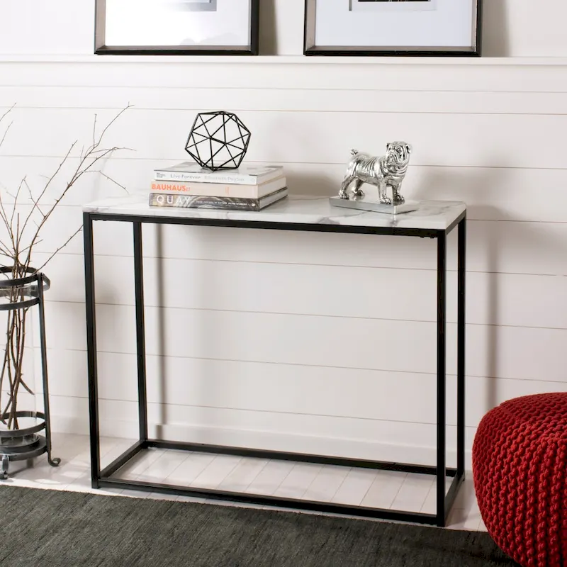 Grey Marble Top & Black Console Table, Parson's Style