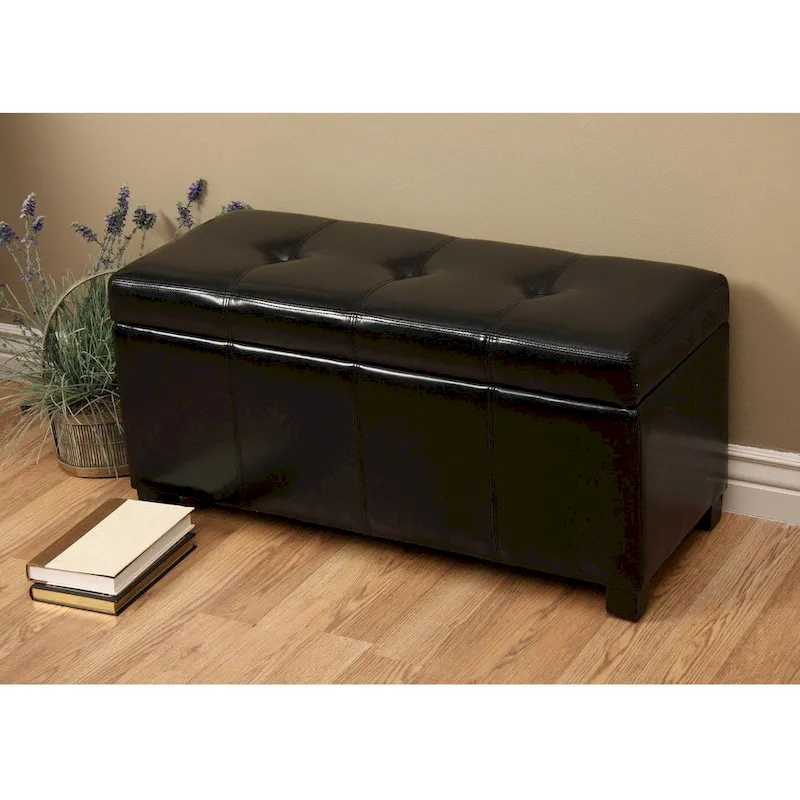 Black Faux-Leather Storage Bench with Removable Lid