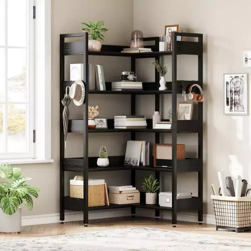 65.8in L-Shaped 5-Tier Convertible Corner Bookshelf with Metal Frame