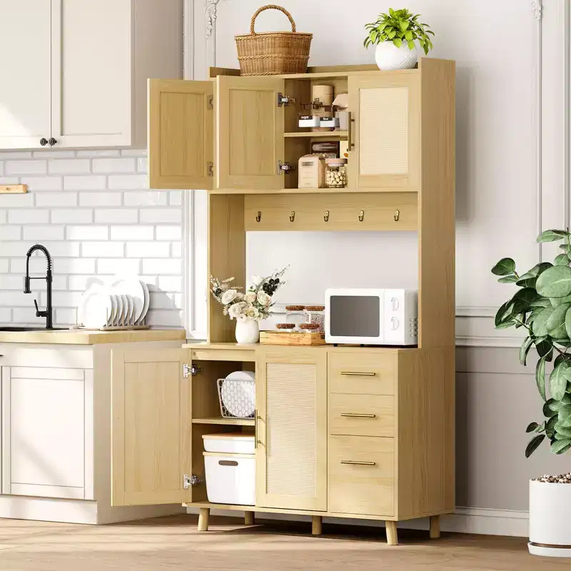 Rattan Pantry Cabinet,71Pantry with Microwave Stand, Freestanding Hutch with Drawers,Hooks,Storage Cabinet for Dining Room, Kitchen, Living Room