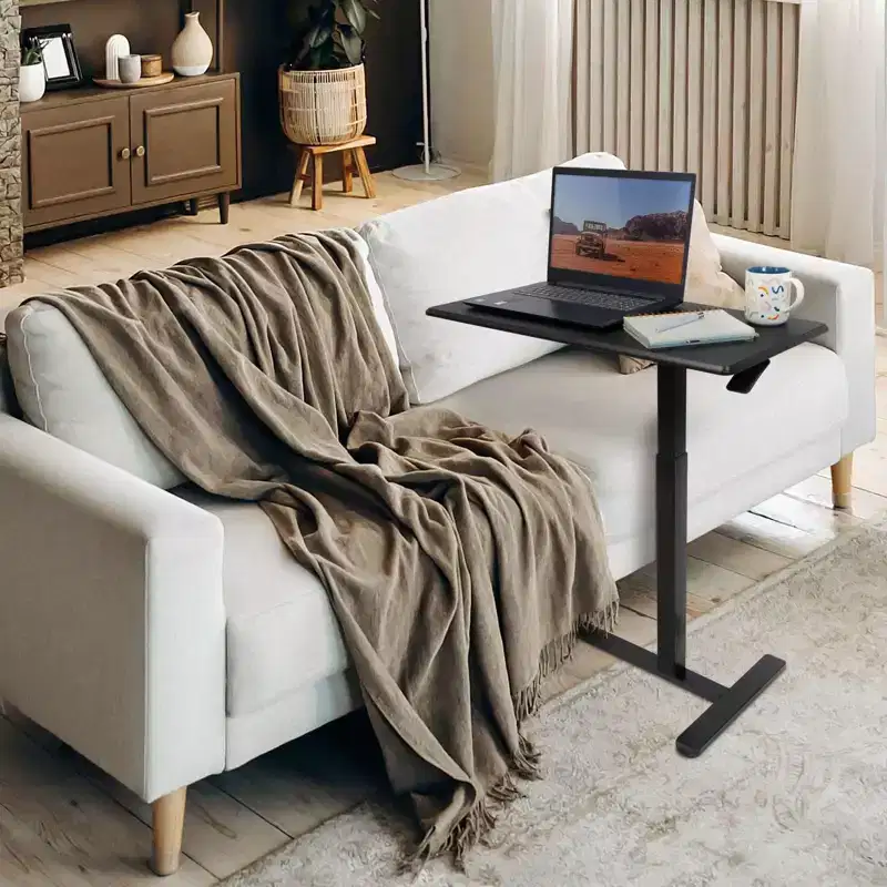 Mount-It! Height Adjustable Overbed & Bedside Table w/ Wheels | Overbed Desk Breakfast Tray for Medical & Home Use | Standing Desk w/ Gas Spring