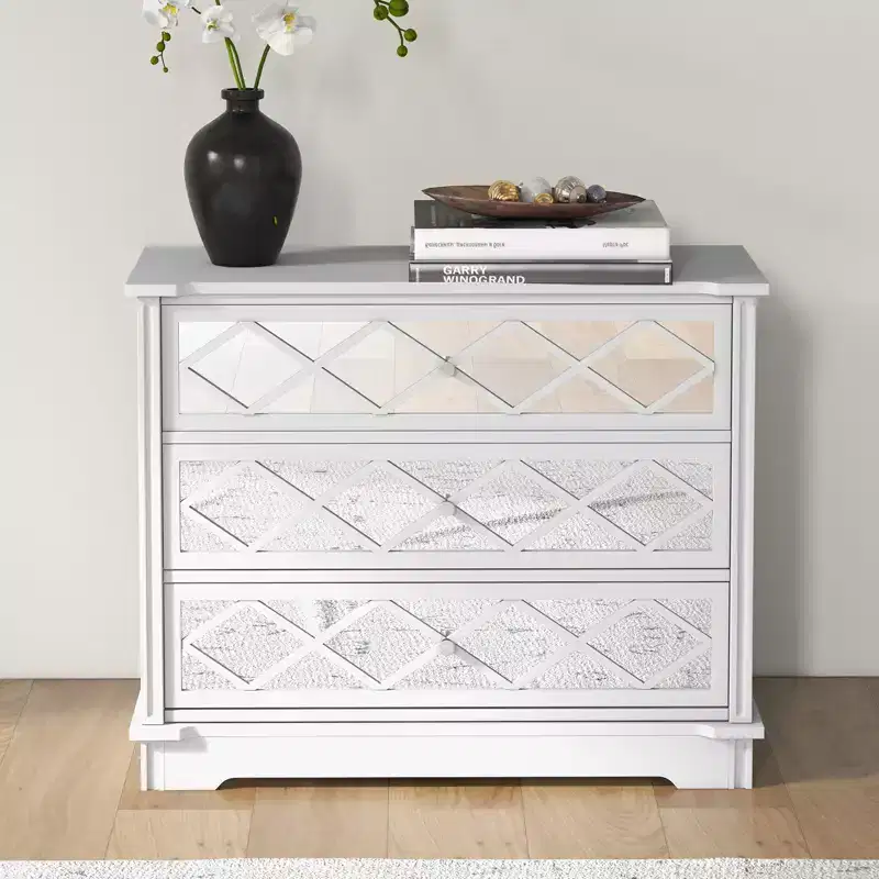 3 Drawer Dresser, Chest of Drawer with Decorative Mirror, Modern Accent Dresser with Wide Storage, Functional Organizer