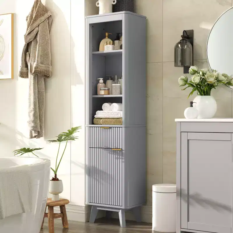 Tall Bathroom Storage Cabinet with Drawer & Door, Fluted Wood, Adjustable Shelves, 68"H