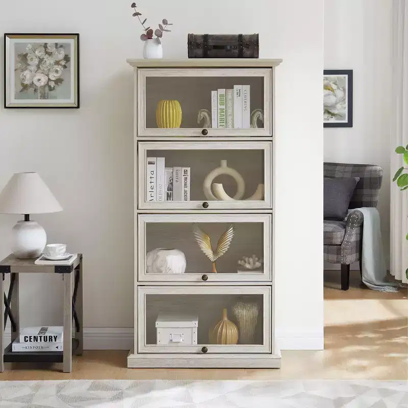 Glass display cabinet 4 Tier Glass Display Cabinet Storage Curio Cabinet with Flip up Glass Doors Collectors Showcase Toy Figure Organizers Rack White
