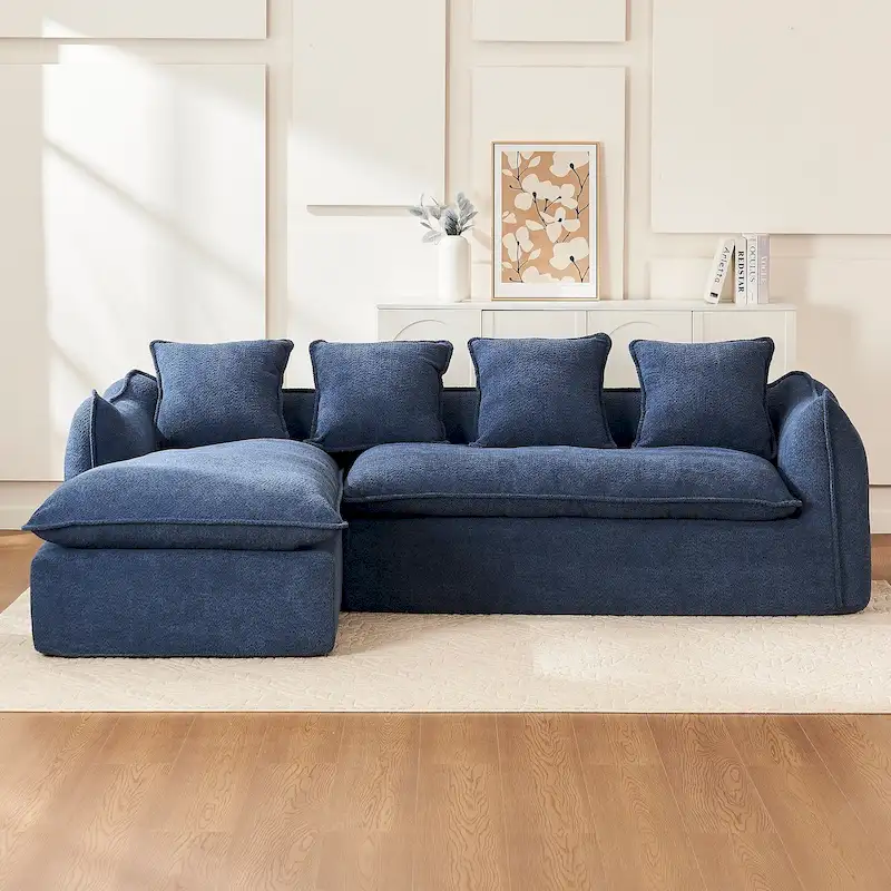 Blue 106.3 Oversized L-Shaped 3-Seater Sectional Sofa with Chaise, 4 Decorative Pillows, and Stylish Modular Build