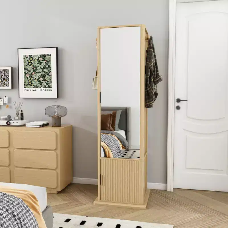 White 360 Rotating Jewelry & Makeup Cabinet with Full-Length Mirror, Hooks & Shelves – 1 Person