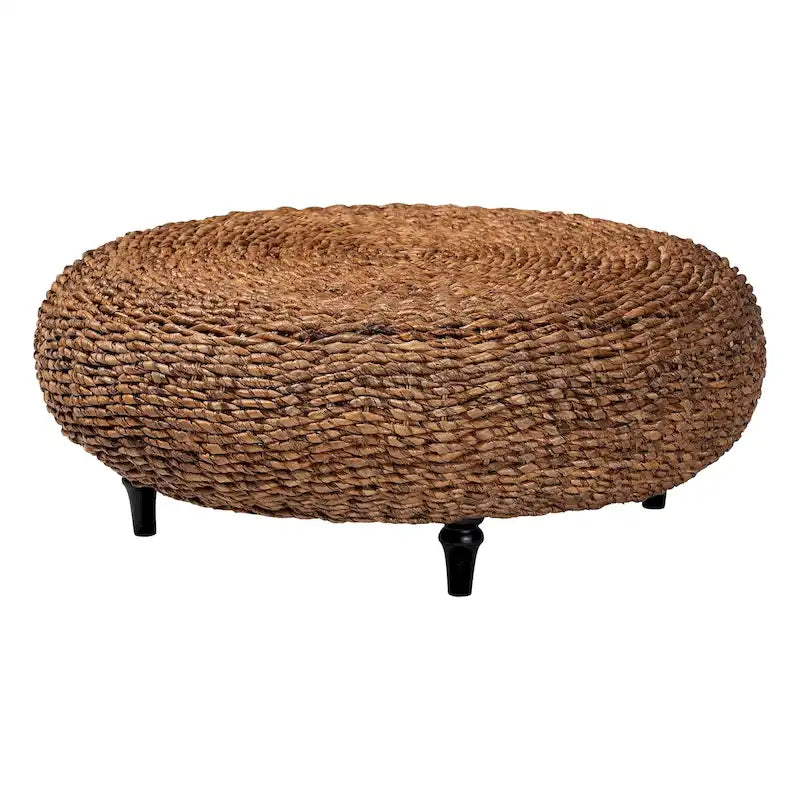 Round Handwoven Seagrass Coffee Table – Natural Brown, Bohemian Style, Turned Wood Legs