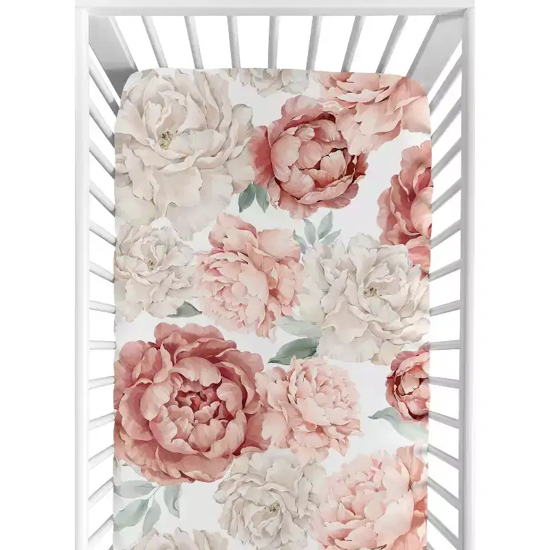 Sweet Jojo Designs Girl Baby Fitted Crib Sheet Peony Floral Garden Pink and Ivory