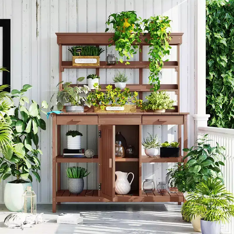 Large Farmhouse Potting Bench with 2 Drawers, Cabinet & Shelves, Outdoor Workstation for Backyard/Mudroom