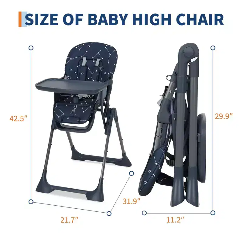 COZONY Baby High Chair, Foldable Adjustable Feeding Chair with Removable Tray, Height & Recline Settings for Toddlers