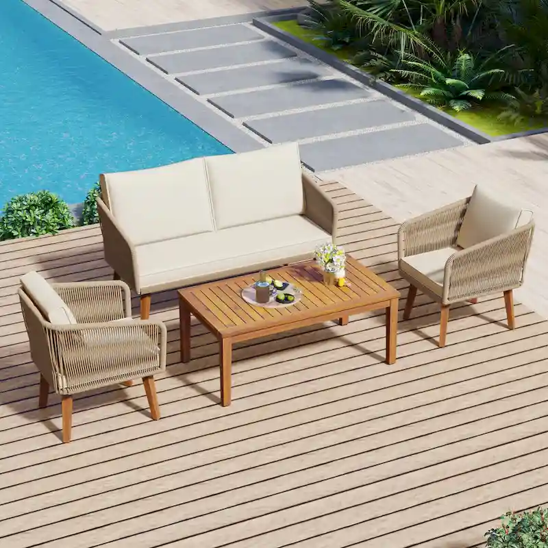 TREXM 4-Piece Patio Conversation Set, Solid Wood Loveseat, 2 Chairs and Table