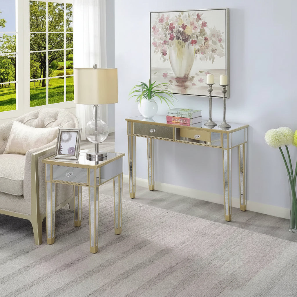 Mirrored End Table with Drawer & Faux Crystal Knob, Elegant Accent Table with Fir Wood Base