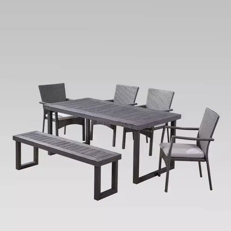 Garner 6pc Wood and Wicker Chair and Bench Dining Set Sandblast Dark Gray/Gray - Christopher Knight Home