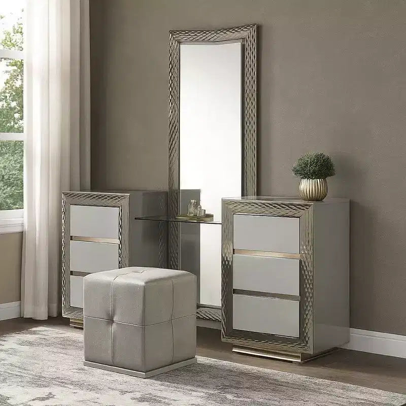 Royal Hampton 3Pc Vanity Dressing Table Set W Stool, Gray, Satin Fabric, Rubberwood