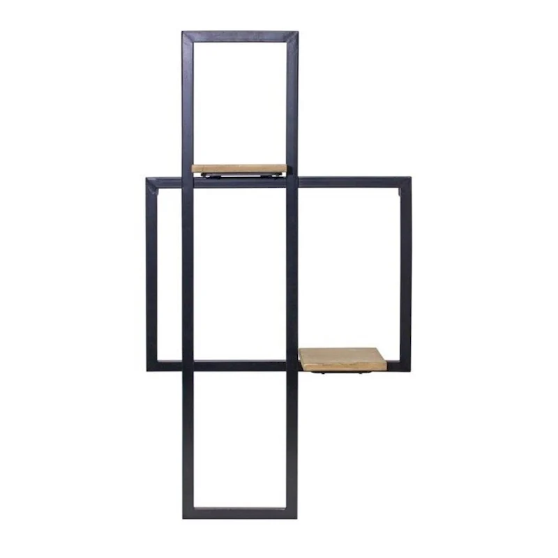 Modern Black Iron Wood Two-Tier Cross Wall Display Shelf