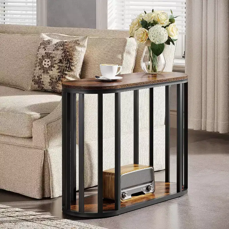 2-Tier Narrow Industrial End Table with Black Metal Frame - Brown, 11.81