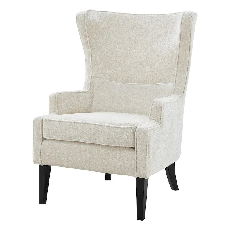 Cream Fabric Wingback Accent Arm Chair with Lumbar Pillow Black Legs