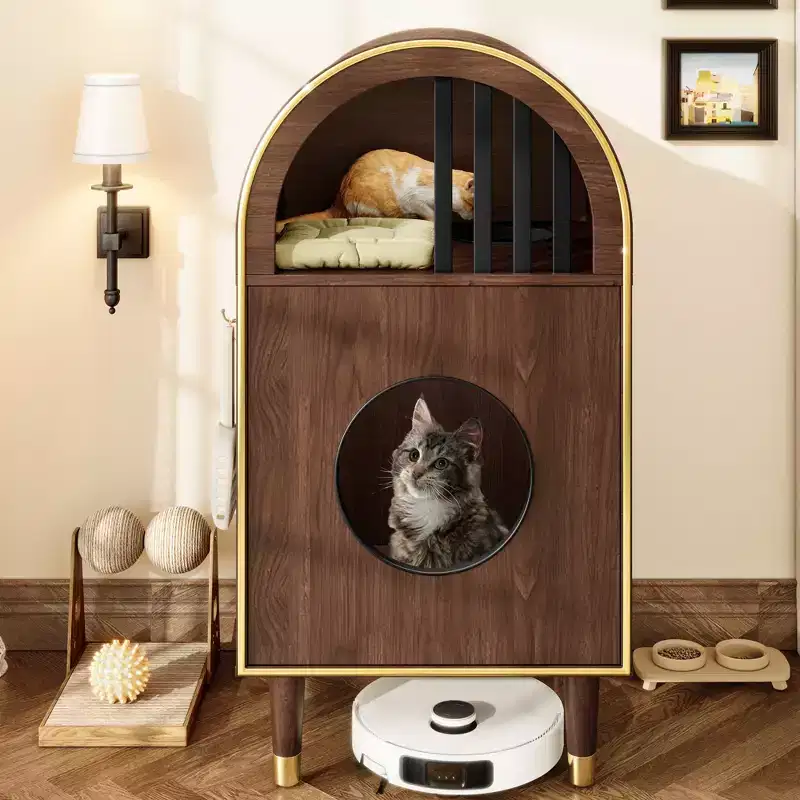 JVNOXK Cat Litter Box Enclosure, 2-in-1 Cat Apartment Bed, Double-Deck Comfort Cat Furniture, Accommodates Two Cats, Espresso Brown