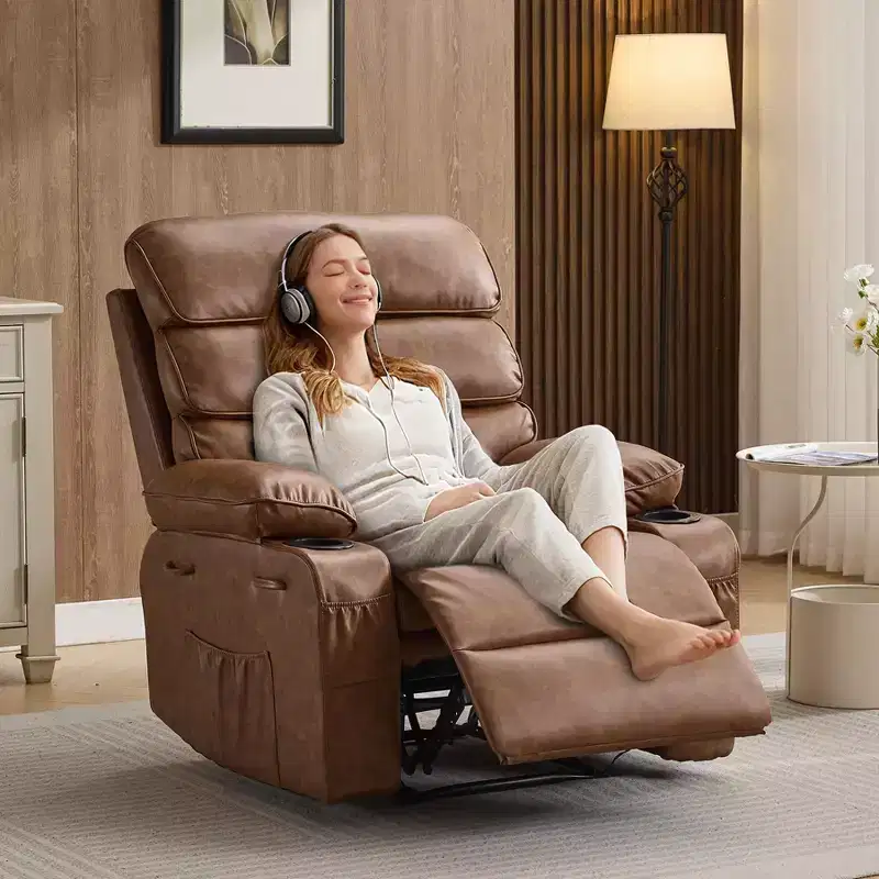 Widened Manual Recliner, Large Beanbag Chair, PU Leather, with Massage and Heating Functions, Suitable for Living Rooms and Offices, Brown