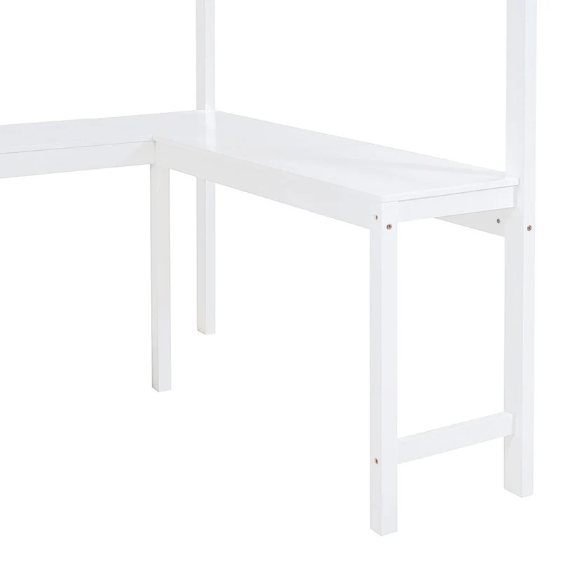 White Full Size Solid Wood Loft Bed with Desk and Storage Shelves