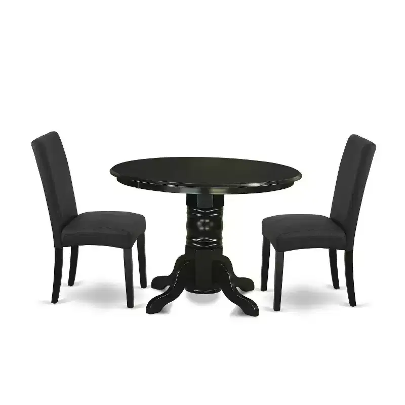 Medieval Round Dining Set - 42 Inch Table & 2 Parsons Chairs - Black Finish - Linen Fabric