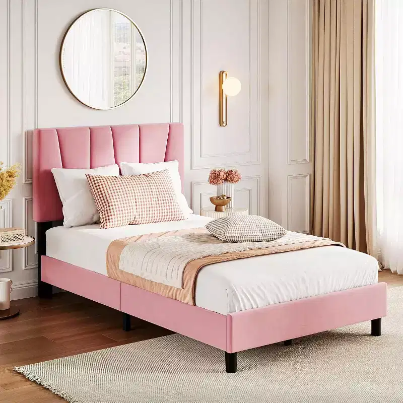 Pink Linen Upholstered Platform Bed Frame with Adjustable Headboard, Wooden Slat Mattress Foundation