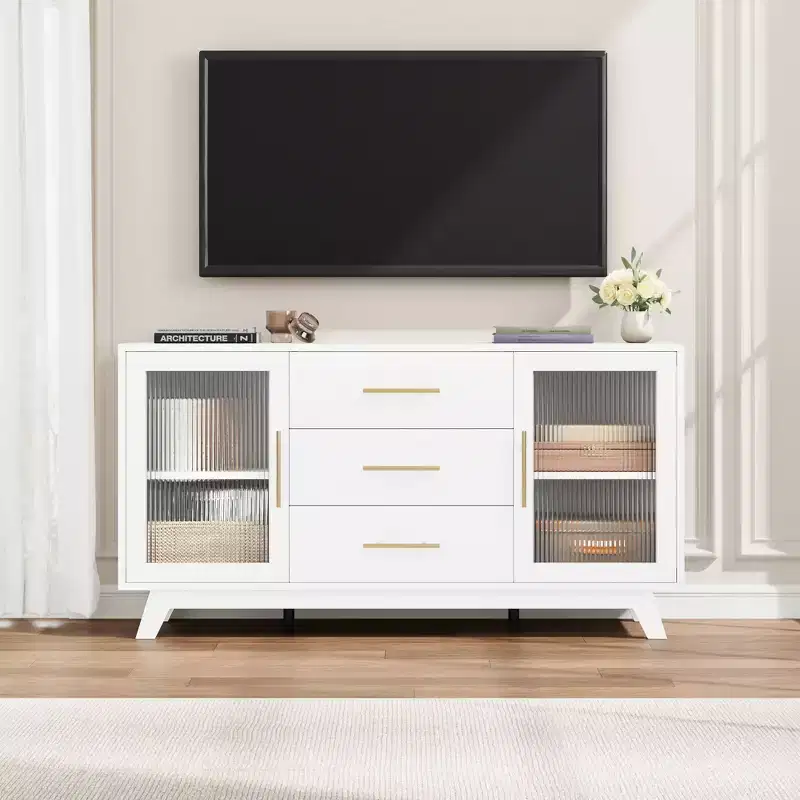Buffet Cabinet, Kitchen Storage Cabinet with 2 Fluted Doors and 3 Drawers,Modern Coffee Bar Cabinet with Adjustable Shelf for Living,Dining Room