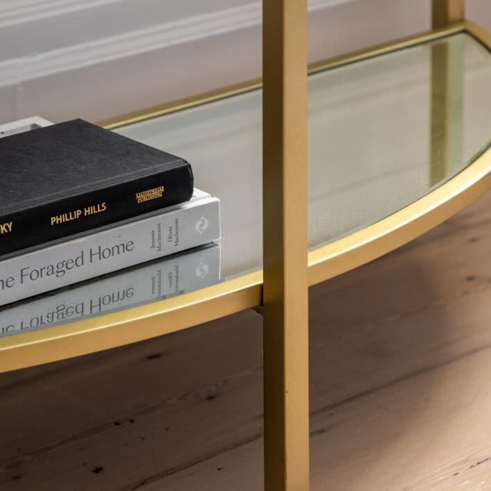 Champagne Metal Console Table with Glass Shelves