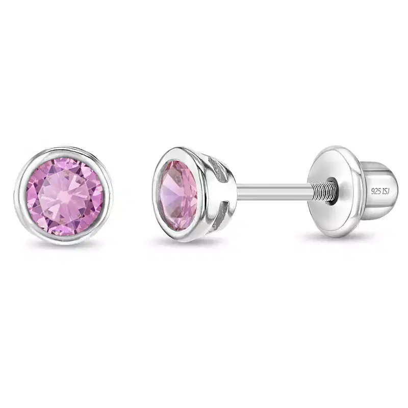 Girl's Bezel Set Solitaire Screw Back Sterling Silver Earrings - In Season Jewelry