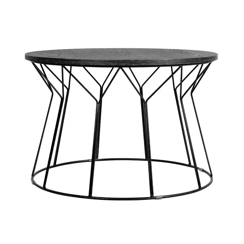 Round Coffee Table �C Noir Black, Geometric Metal Base, MDF Top