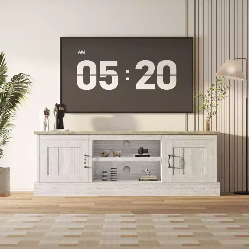 Acekool Farmhouse TV Stand for 65 Inch TVs, Media Console, Living Room or Office Entertainment Center with 2 Storage Cabinets and Open Shelves