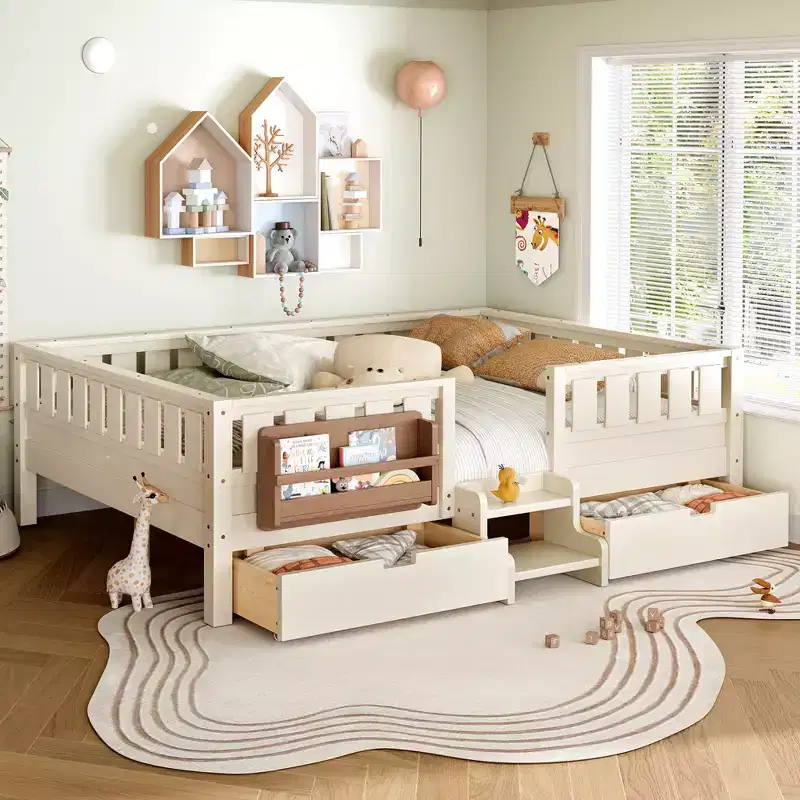 Bellemave Queen Size Toddler Bed with 14 Safety Guardrails, Space-saving Bed Frame with Built-in Bookshelves & 2 Under-Bed Storage Drawers