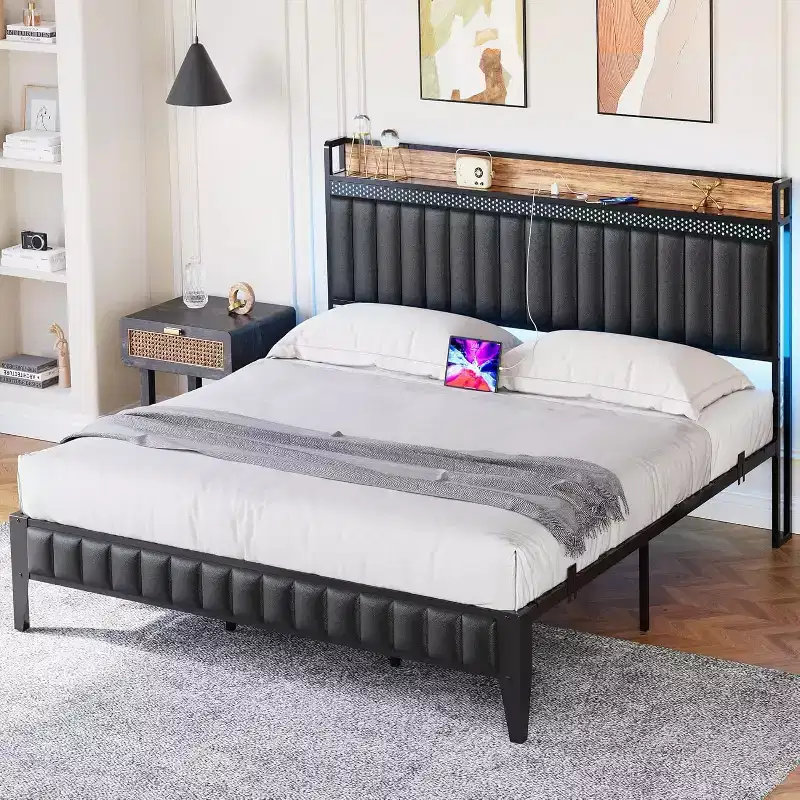 Queen Bed Frame, LED Upholstered Platform Bed Frame with Charging Station, Storage Headboard, Strong Metal Slats Support, Noise Free(Black)